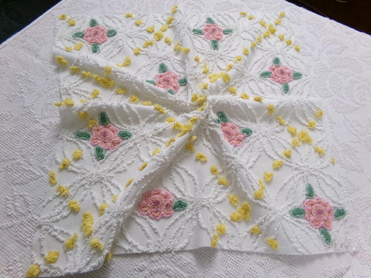 Pink Rose Vintage Chenille Bedspread Fabric, cottage chic sewing craft quilt material, 20" x 20" piece
