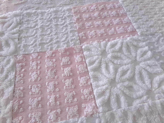 angelic vintage chenille fabric squares, set of 16 quilt blocks 6" each pink & white