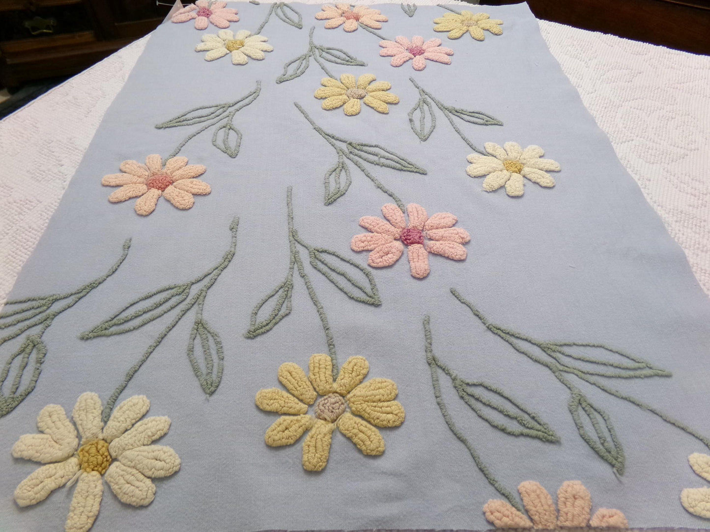 Scattered Daisies Vintage Chenille Bedspread Fabric, Shabby Blue Sewing Material, 19" x 25"