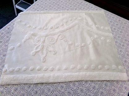 Vintage White Satin Chenille Bedspread Fabric, Shabby Chic 19x25" Piece