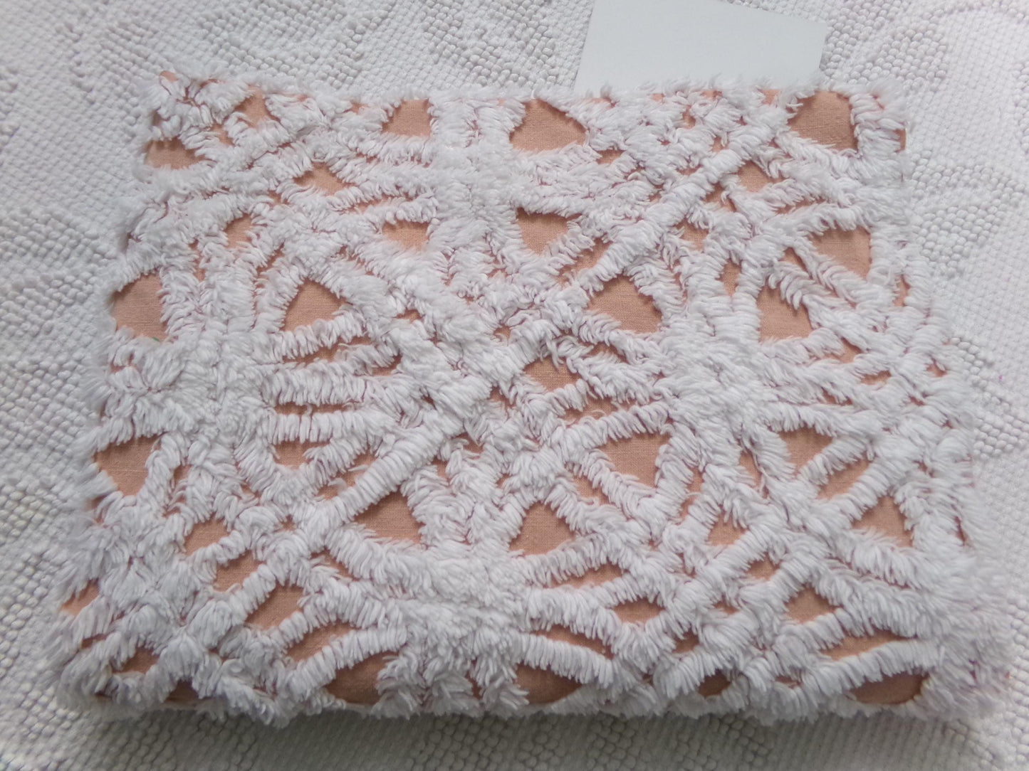Cozy Peach & White Vintage Chenille Bedspread Fabric, Plush Geometric Quilt Material 18" x 24"