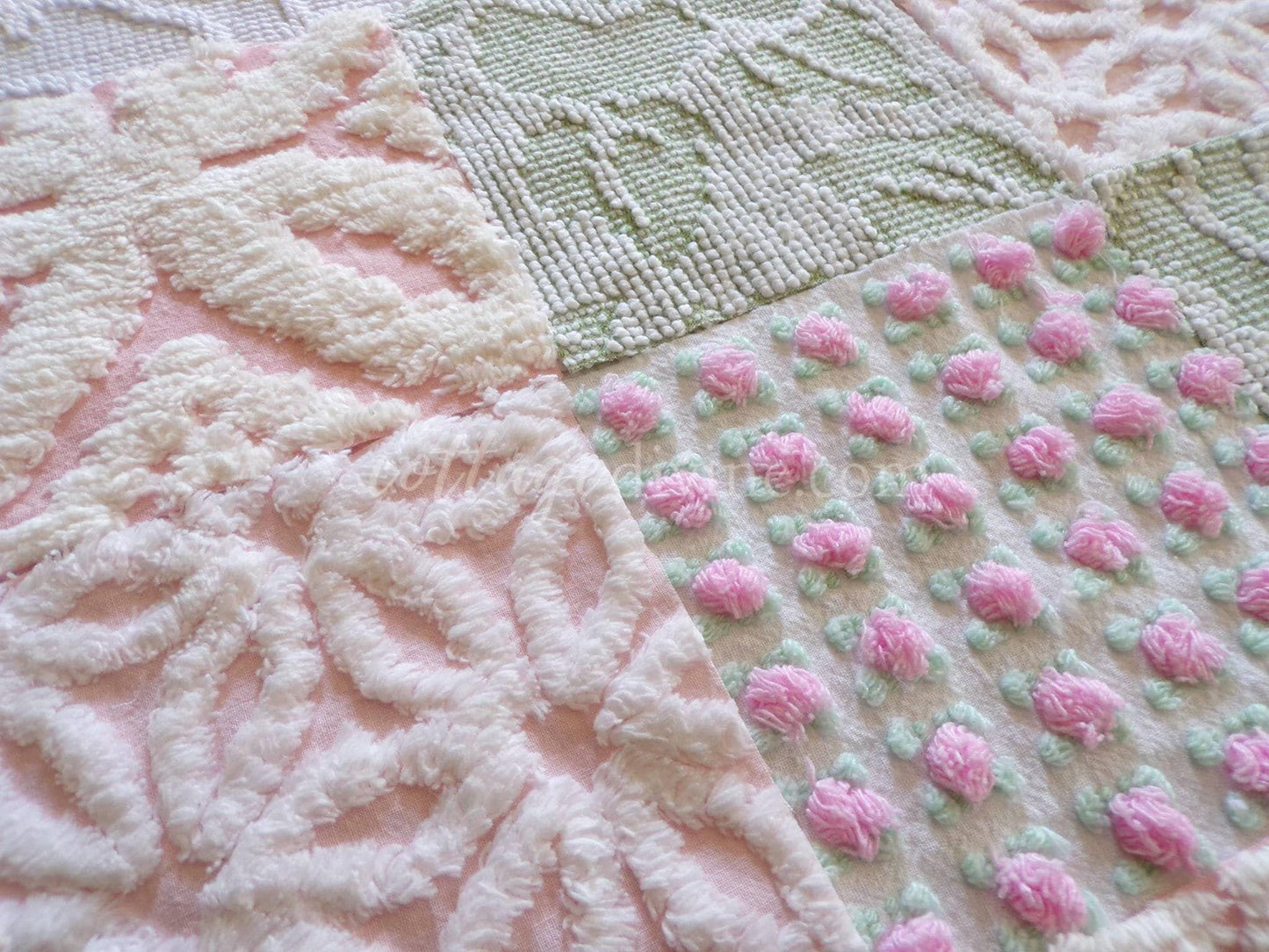 flower nymph chenille fabric squares, pink rosebuds, white daisy, sage green, 16 vintage 6" x 6" quilt squares for sewing & crafts