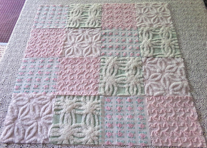 Chenille Squares Set, "Flower Petals," 16 Vintage Fabric Quilt Blocks, 6" inch in White Daisy, Pink Rosebud, Mint Green, Squiggles