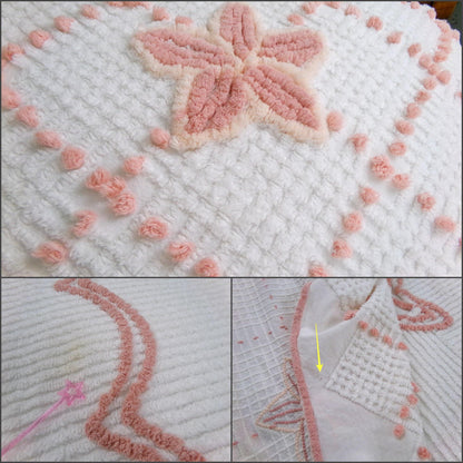 vintage full size chenille bedspread, simple star flowers on white cotton, shabby cottage style bedding