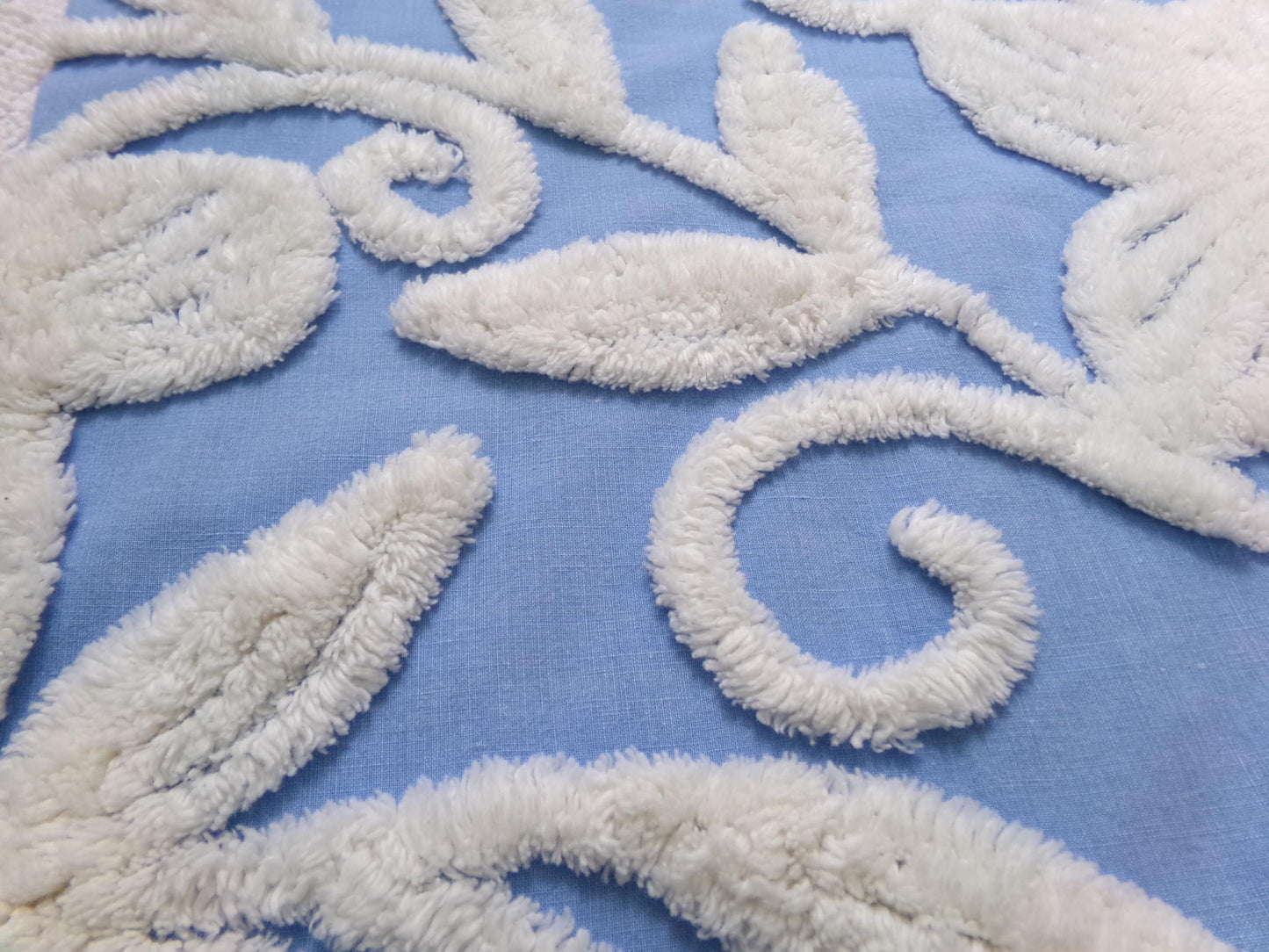 Vintage Chenille Fabric Piece, White Botanical Floral on Sky Blue, 21" x 24" Sewing Material