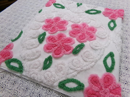 Pink White Floral Vintage Chenille Bedspread Fabric Sewing Quilt Material 17.5x30"