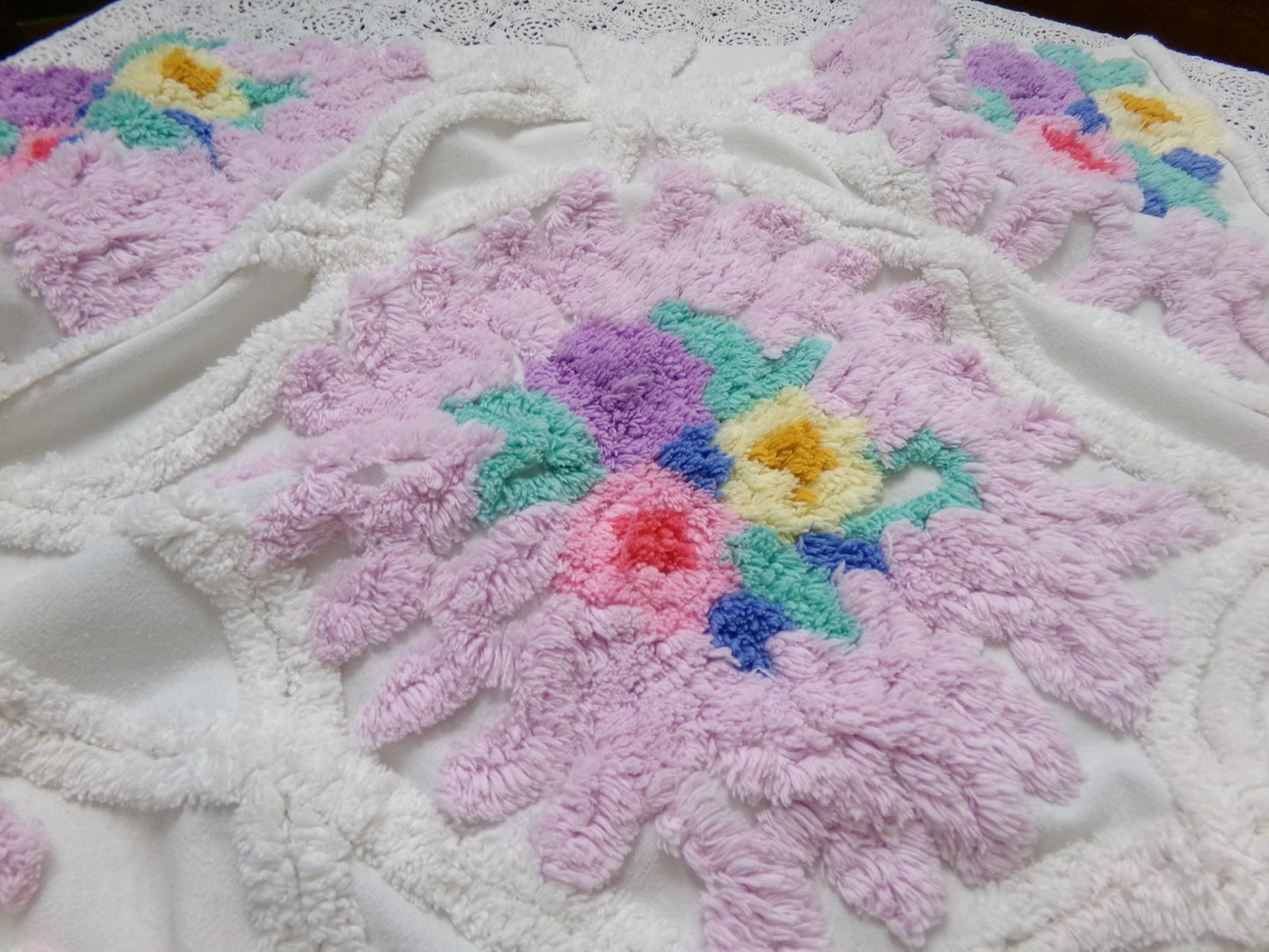 Lavender Floral Vintage Chenille Bedspread Fabric Piece 24x23" Sewing Material