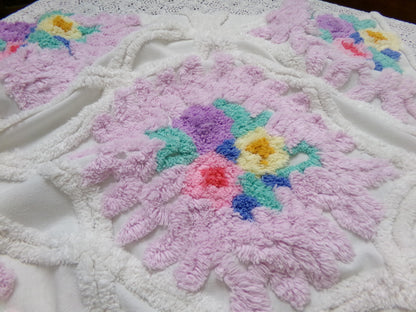 Lavender Floral Vintage Chenille Bedspread Fabric Piece 24x23" Sewing Material