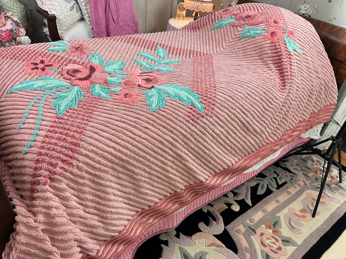 Vintage Chenille Bedspread Twin Dusty Pink Aqua Floral Bouquet Cottage Shabby