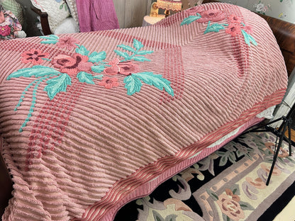Vintage Chenille Bedspread Twin Dusty Pink Aqua Floral Bouquet Cottage Shabby