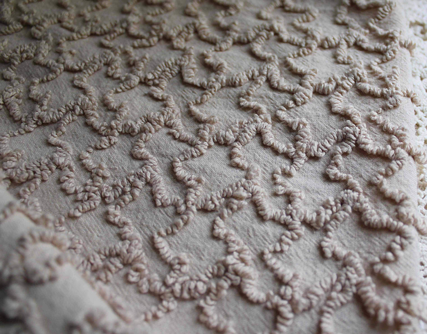 neutral vintage chenille fabric, sandy mocha texturized squiggles, 20" x 24" inch piece, 100% lightweight cotton