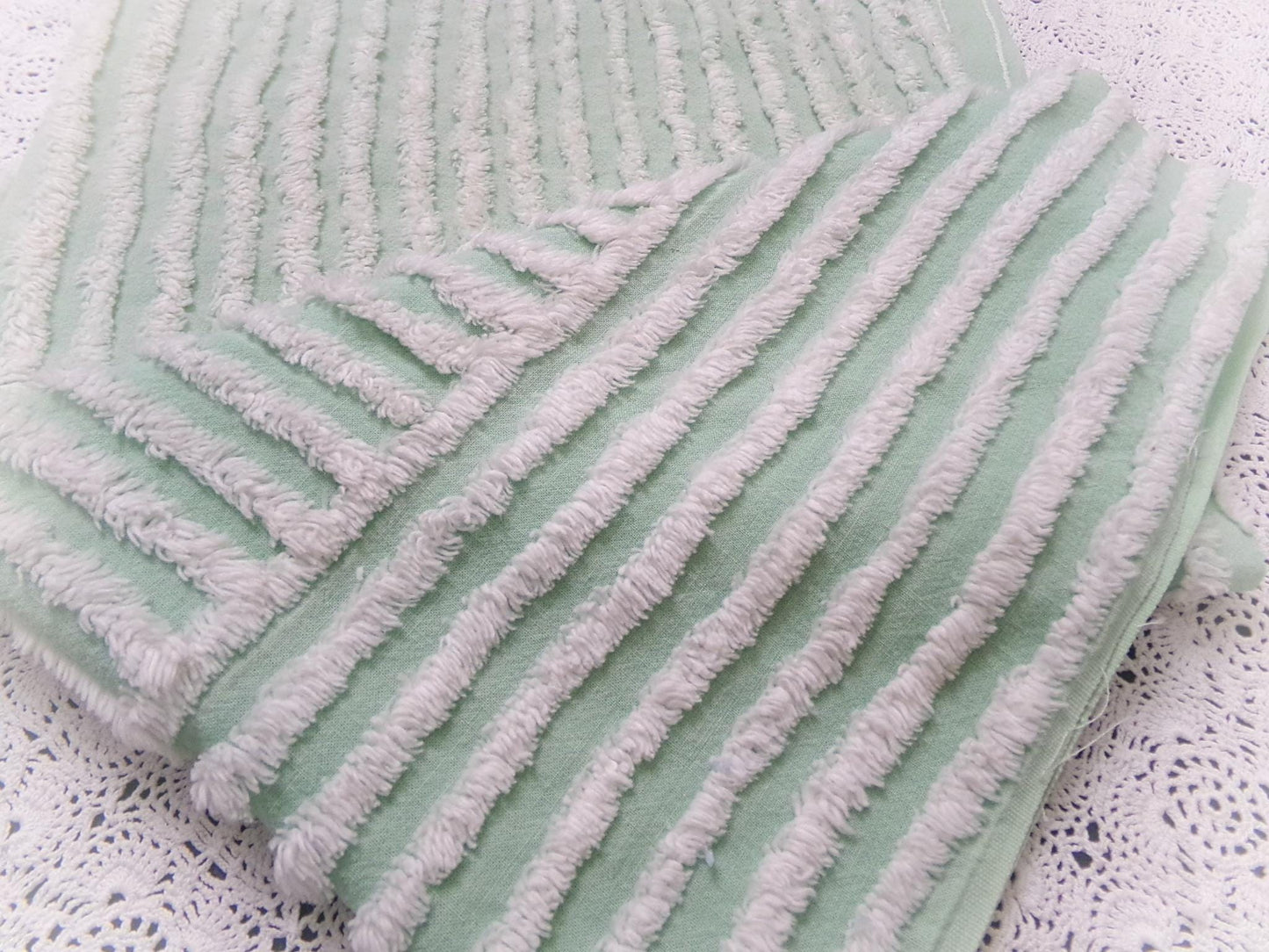 Vintage Mint Green Chenille Bedspread Fabric, White Multidirectional Stripe 24x21"