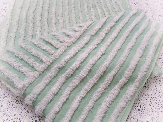 Vintage Mint Green Chenille Bedspread Fabric, White Multidirectional Stripe 24x21"