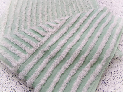 Vintage Chenille Bedspread Fabric, White Multidirectional Stripe Mint Green 18x24"