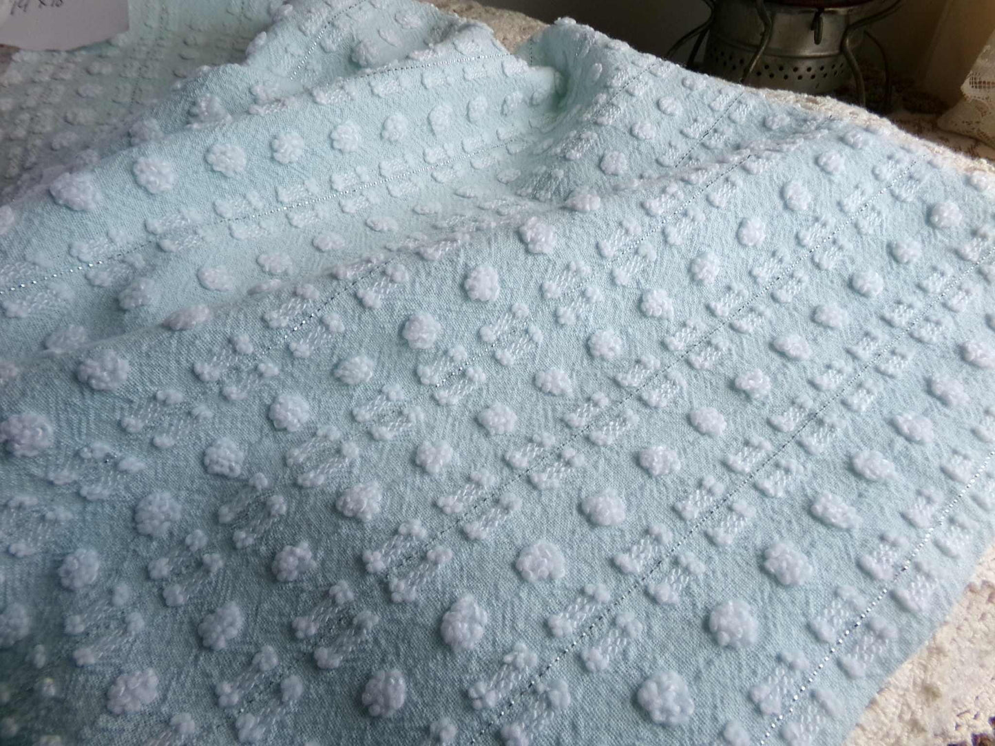 Aqua White Vintage Chenille Quilt Fabric, Petite Double Dash Dot, Silver Lurex, 19x22"