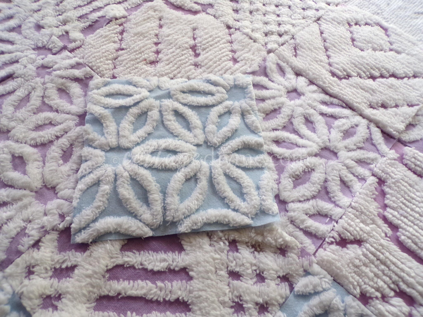 Dreamy Divine Vintage Chenille Fabric Squares Set in Lilac, Blue & White, 16 Rotary Cut Quilt Blocks, 6" x 6" inch