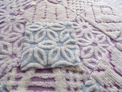 Dreamy Divine Vintage Chenille Fabric Squares Set in Lilac, Blue & White, 16 Rotary Cut Quilt Blocks, 6" x 6" inch