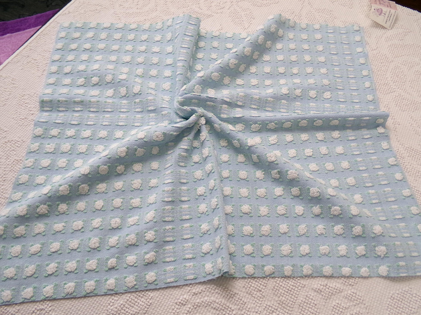 White Rosebud Vintage Blue Chenille Fabric, Shabby Phantom Rose Morgan Jones, 19x26"