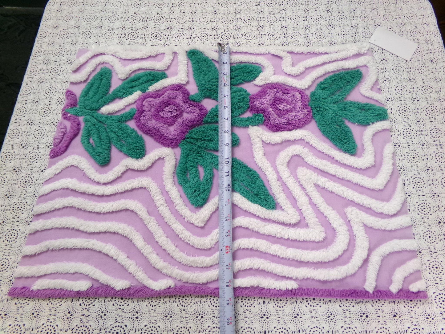 Violet Roses Vintage Chenille Bedspread Fabric 18x23" Sweeping White Waves