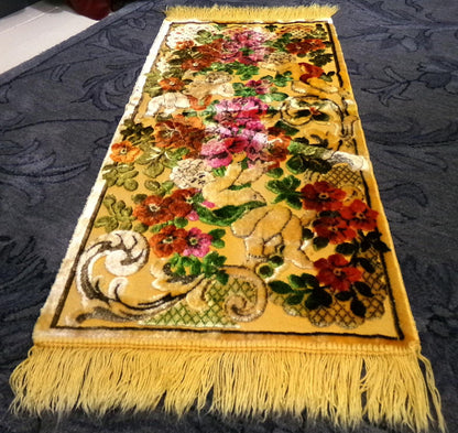 Vintage Cut Velvet Spotlight Shadow Angel Floral Tapestry Panel Fringed Cherub Wall Hanging or Rug 19"x38.5"