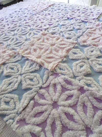 fluffy pastel vintage chenille fabric squares in pink, blue & lilac white, set of 16 quilt blocks, 6" x 6" inches each for quilting, crafts