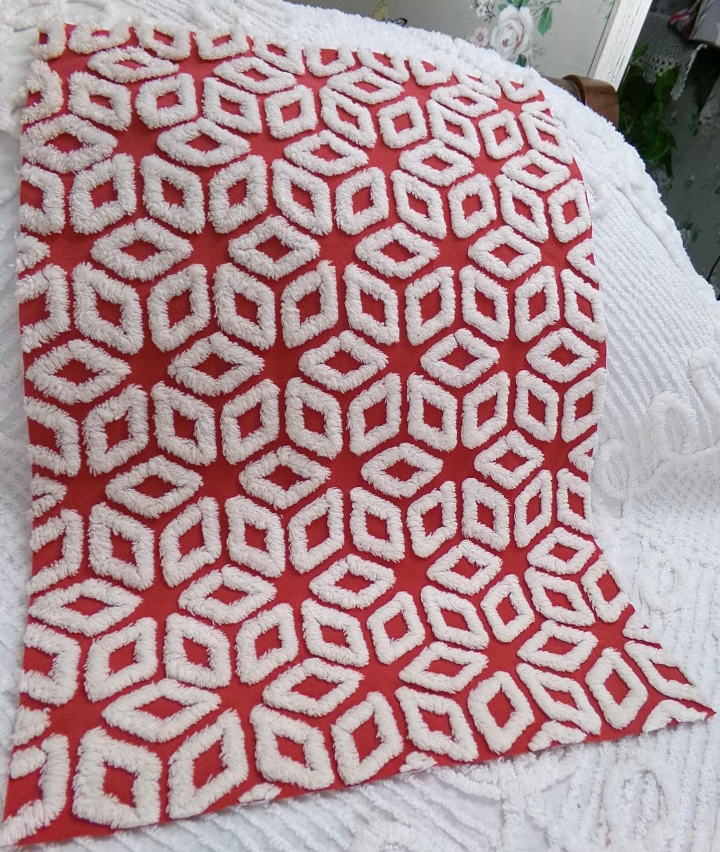 White Snowflakes Red Vintage Chenille Fabric 12x18" Piece Quilt Material