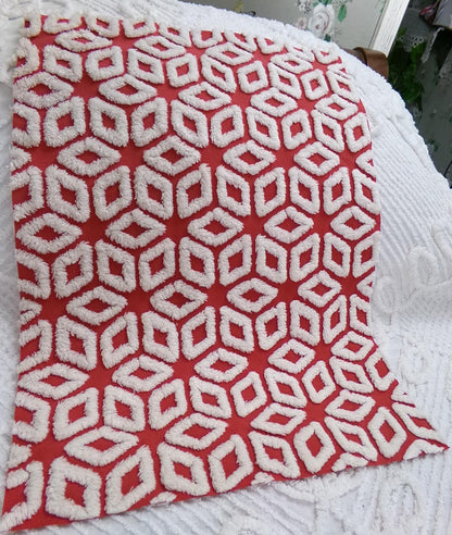 White Snowflakes Red Vintage Chenille Fabric 12x18" Piece Quilt Material