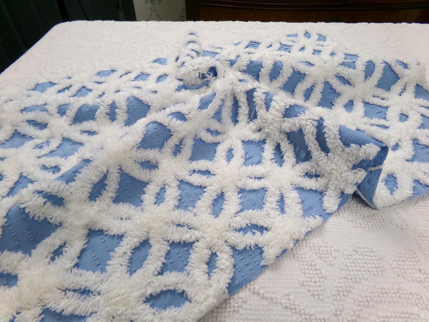 Vintage Blue & White Chenille Fabric, Snowflakes in the Sky, Quilt Material 18" x 24" Piece