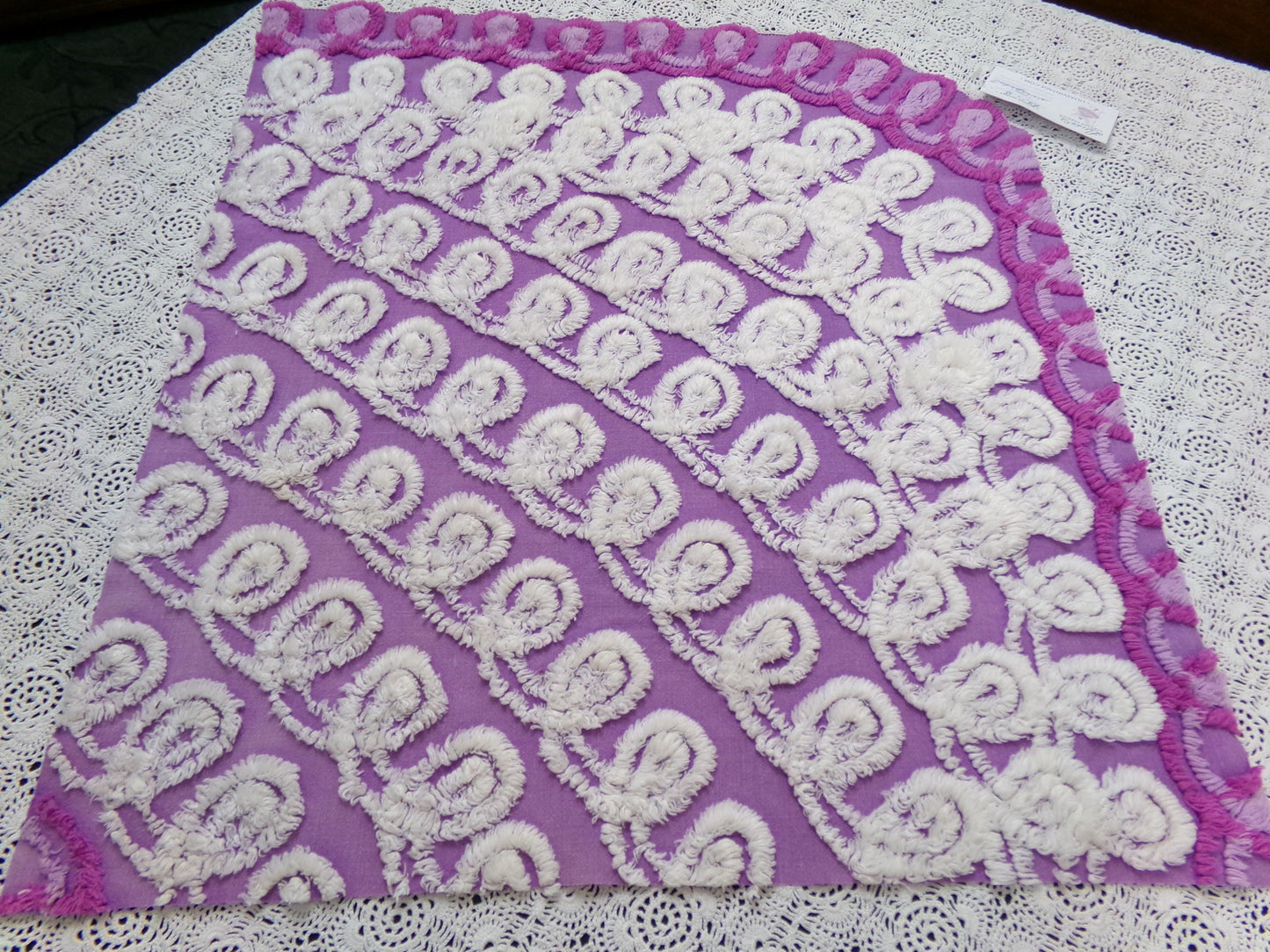 Shabby Purple & White Vintage Chenille Fabric 18 x 20" Curlicue Geometric Boho Quilt Sewing Material