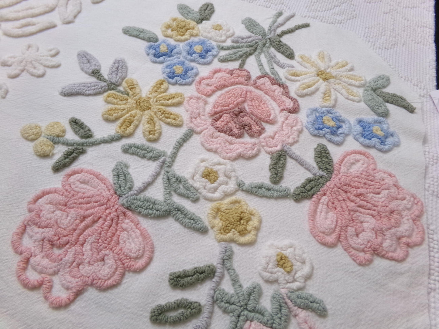 Rose Bouquet Vintage Chenille Bedspread Fabric, Cottage Style Sewing & Quilt Material, 15" x 28"
