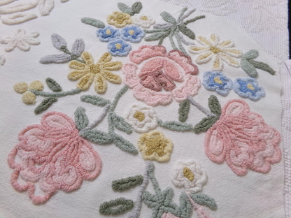 Rose Bouquet Vintage Chenille Bedspread Fabric, Cottage Style Sewing & Quilt Material, 15" x 28"