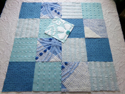 coastal fresh vintage chenille fabric squares, set of 17 blue & aqua 6" quilt blocks for sewing