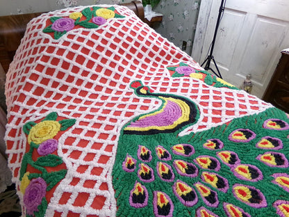 Vintage Chenille Bedspread Sprawling Red Peacock, Green Feathers & White Lattice, Full