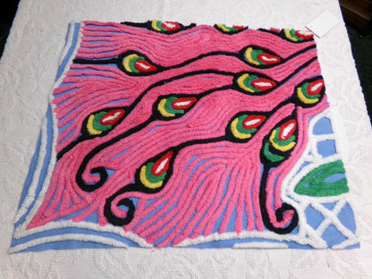 Exotic Artsy Vintage Chenille Bedspread Fabric Piece Pink Peacock Feathers, 19" x 24"