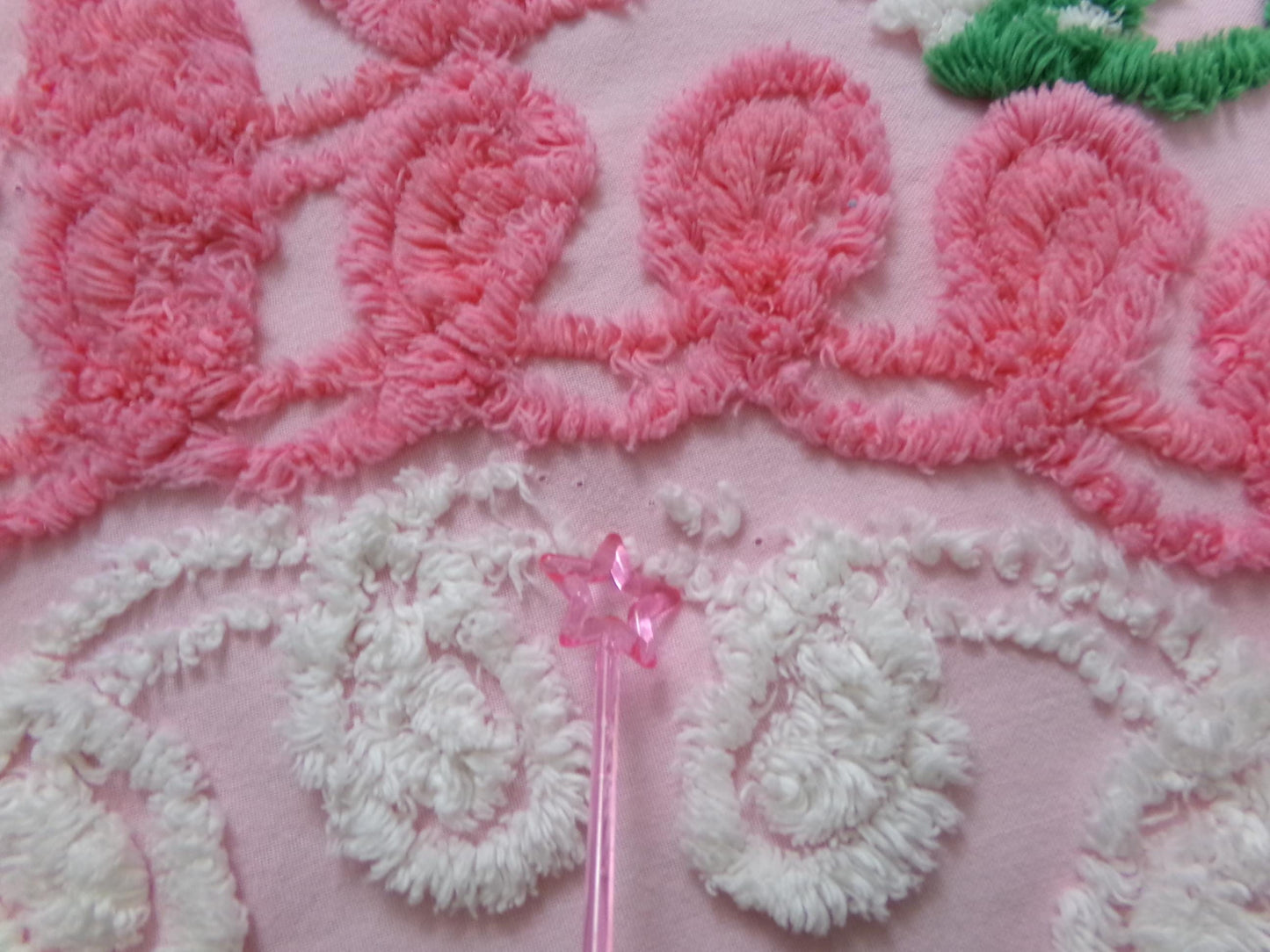 Pink Floral Vintage Chenille Bedspread Fabric, shabby cottage sewing craft quilt material, 20" x 24" piece