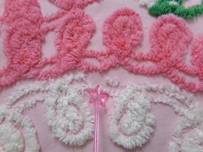 Pink Floral Vintage Chenille Bedspread Fabric, shabby cottage sewing craft quilt material, 20" x 24" piece