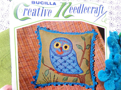 FANCIFUL OWL Pillow Crewel Embroidery Kit, Boho Vintage Bucilla Needlecraft 3173