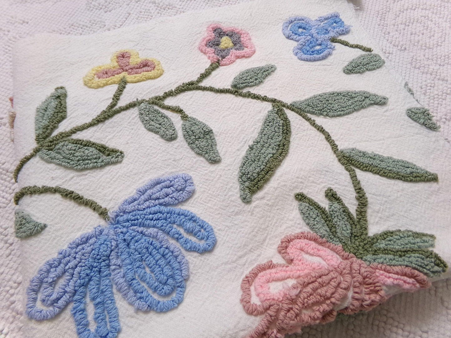 Boho Wildflowers Vintage Chenille Fabric, Natural Vining Rose Florals, 20" x 22" piece