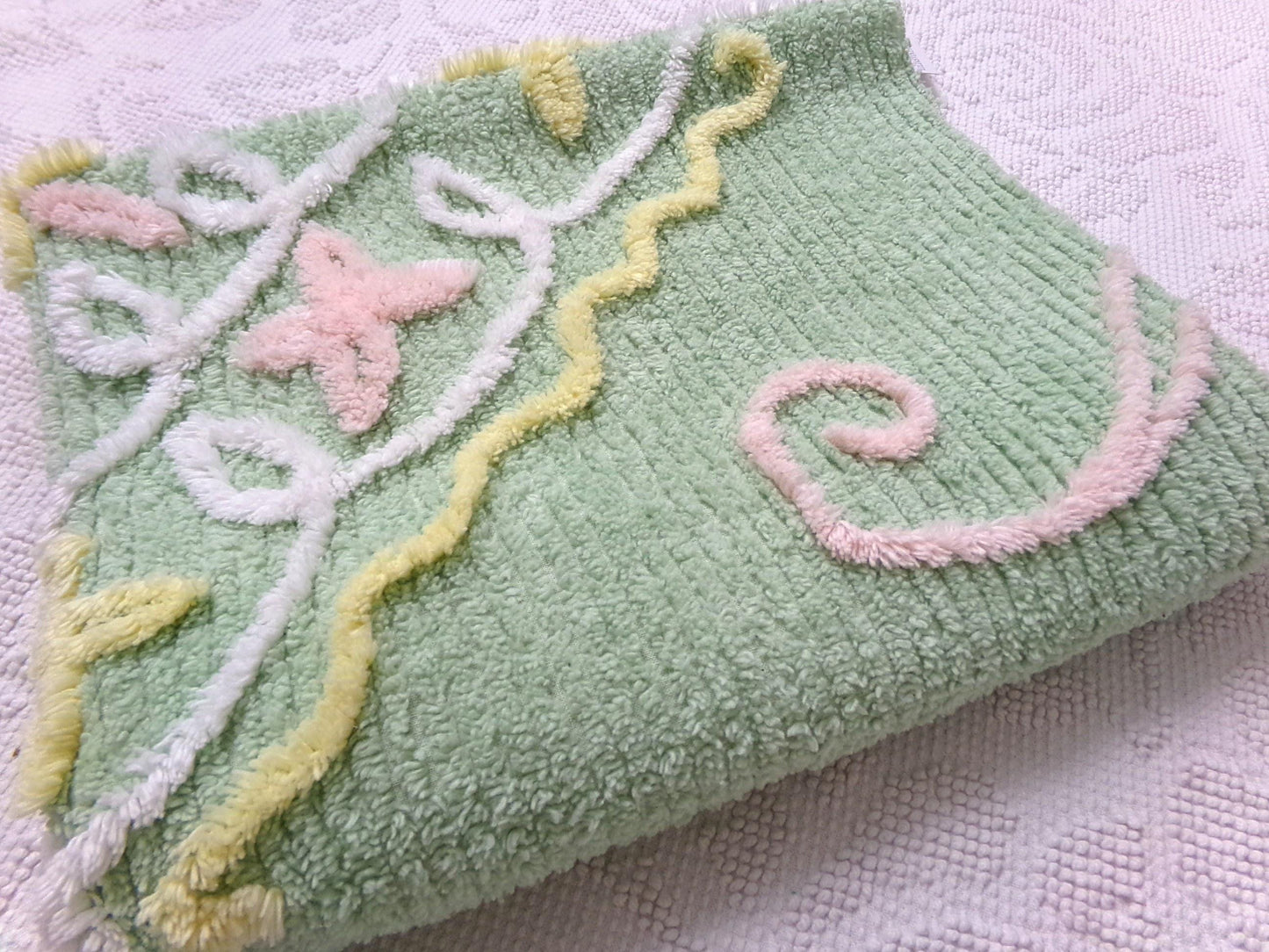 Vintage Chenille Fabric Piece, Mint Green Floral Cottage Chic Quilt Material 24" x 38"