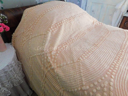 Graceful Waterfall Iced Peach Vintage 1940s Chenille Bedspread, Full Size, Cotton