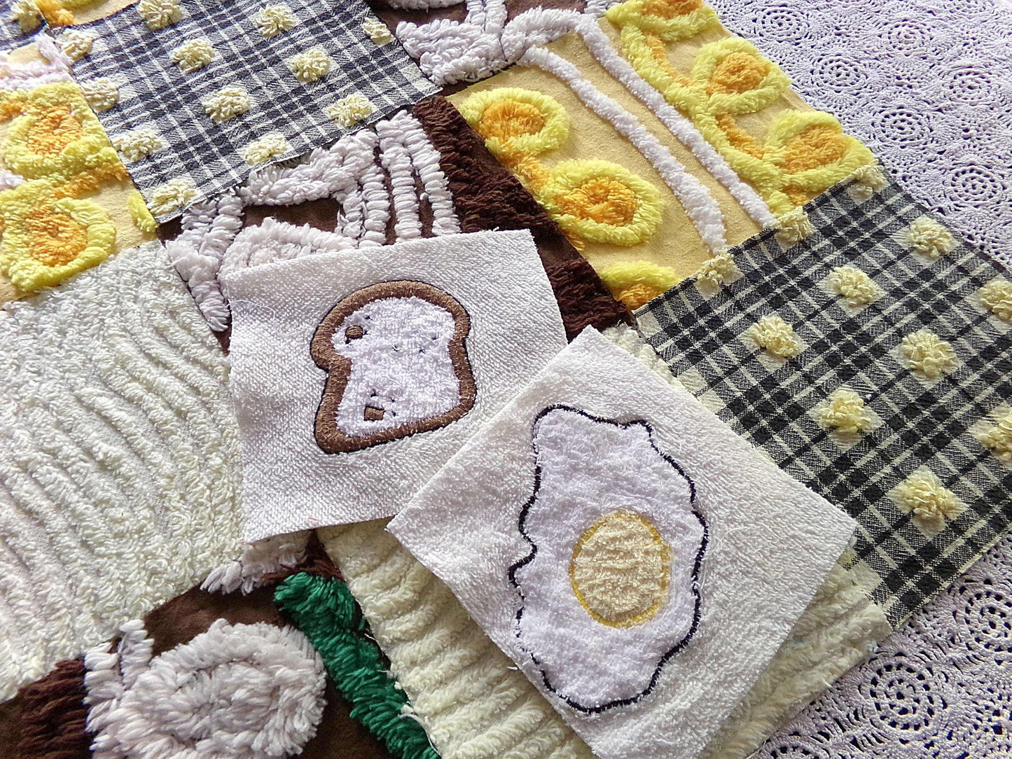 retro diner vintage 6" chenille squares, set of 16 novelty quilt blocks cut from vintage chenille bedspread fabrics, breakfast eggs & toast