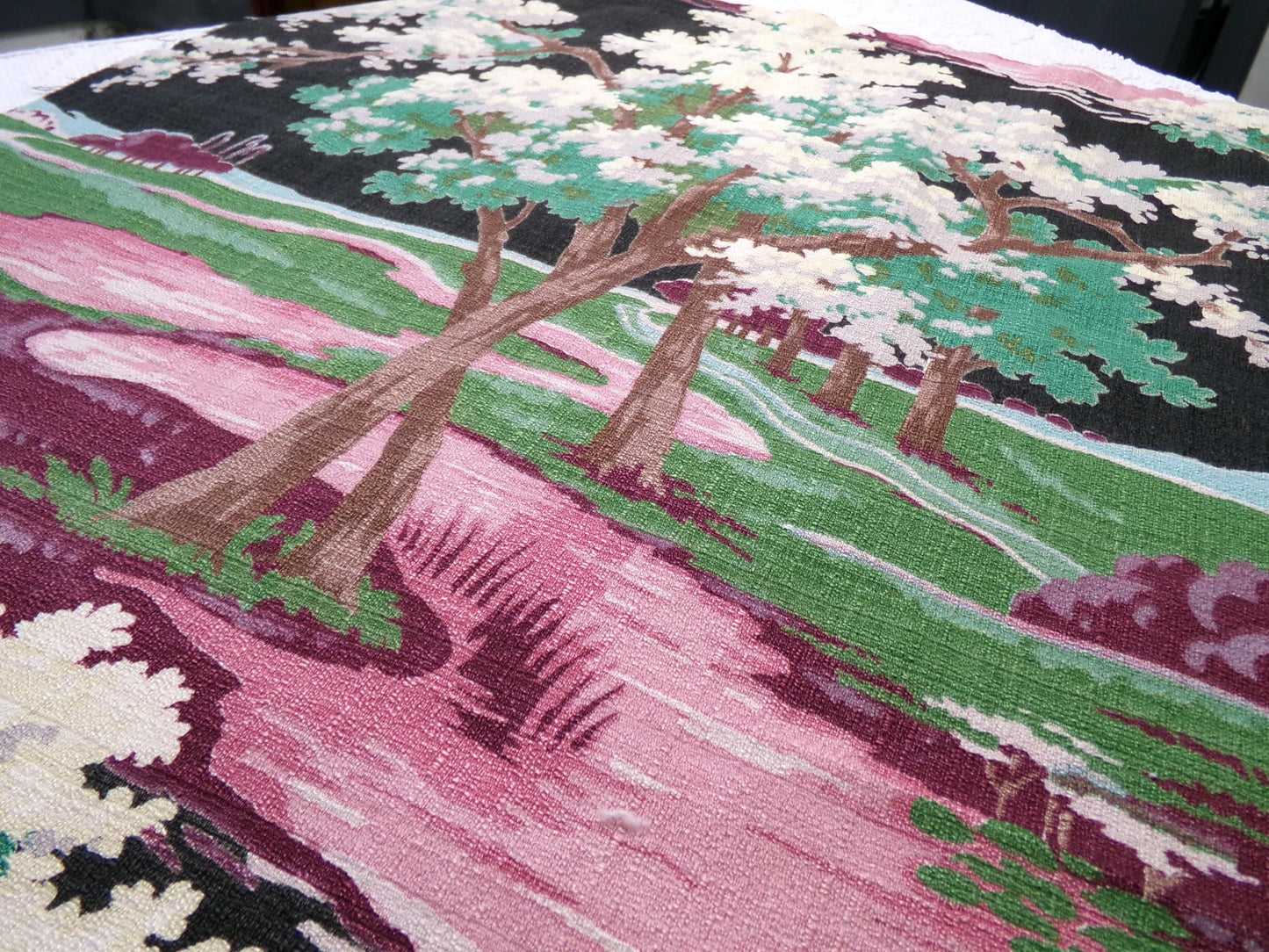 Moody Surreal Vintage Barkcloth Fabric Spooky Black Pink Mystic Winding Path, 20" x 35"