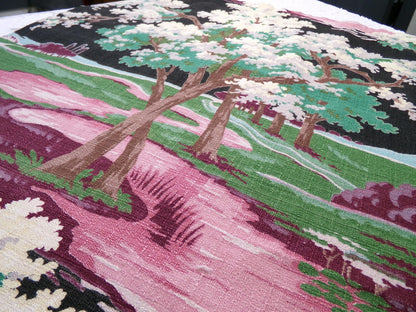 Moody Surreal Vintage Barkcloth Fabric Spooky Black Pink Mystic Winding Path, 20" x 35"
