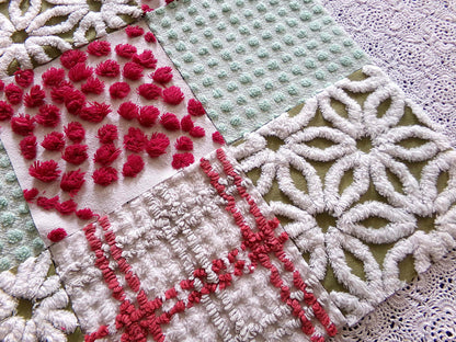 country Christmas chenille fabric squares, classic old-fashioned holiday red, green, white, set of 16 vintage quilt blocks 6" x 6" inch