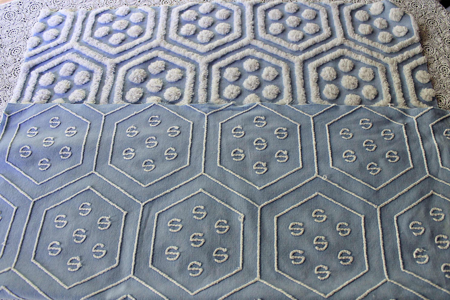 coastal cute vintage blue & white chenille fabric, reversible geometric hexagon dot design, 25" x 29" cut piece of sewing material