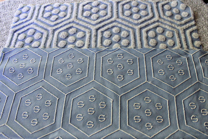 coastal cute vintage blue & white chenille fabric, reversible geometric hexagon dot design, 25" x 29" cut piece of sewing material