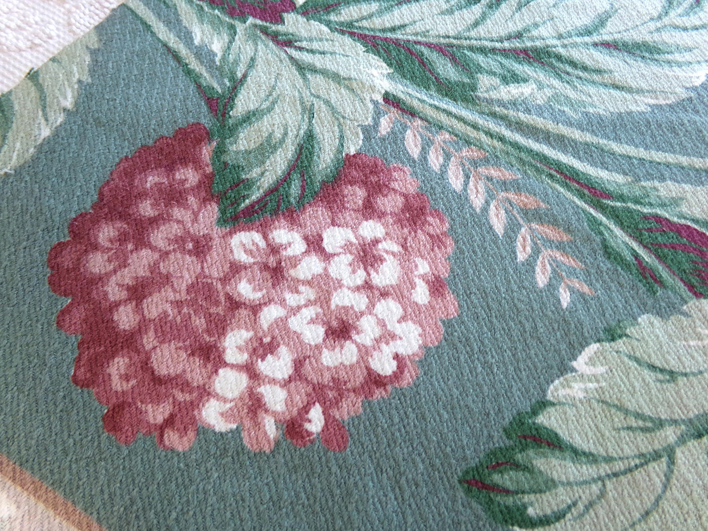 Vintage Style Hydrangea Barkcloth Fabric Piece, 27" x 23" inches, Pink Floral on Green, Great for Shabby Chic Pillows