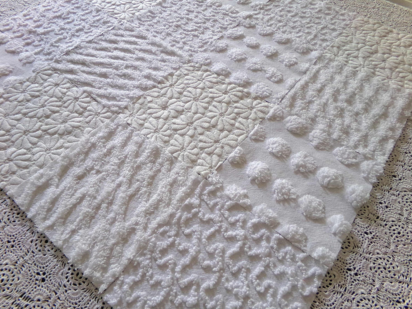 Daisies in Snow Chenille Fabric Squares, Set of 16 Quilt Blocks, 6" each in Shades of White, Great Neutral Textures