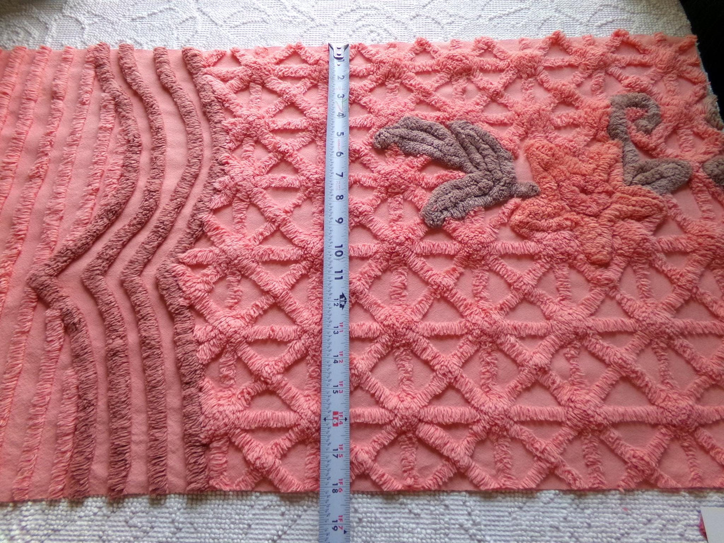 peach twinkles vintage chenille fabric panel in shabby starburst pattern, pretty sewing material for quilts & pillows, 30" x 17" inch piece