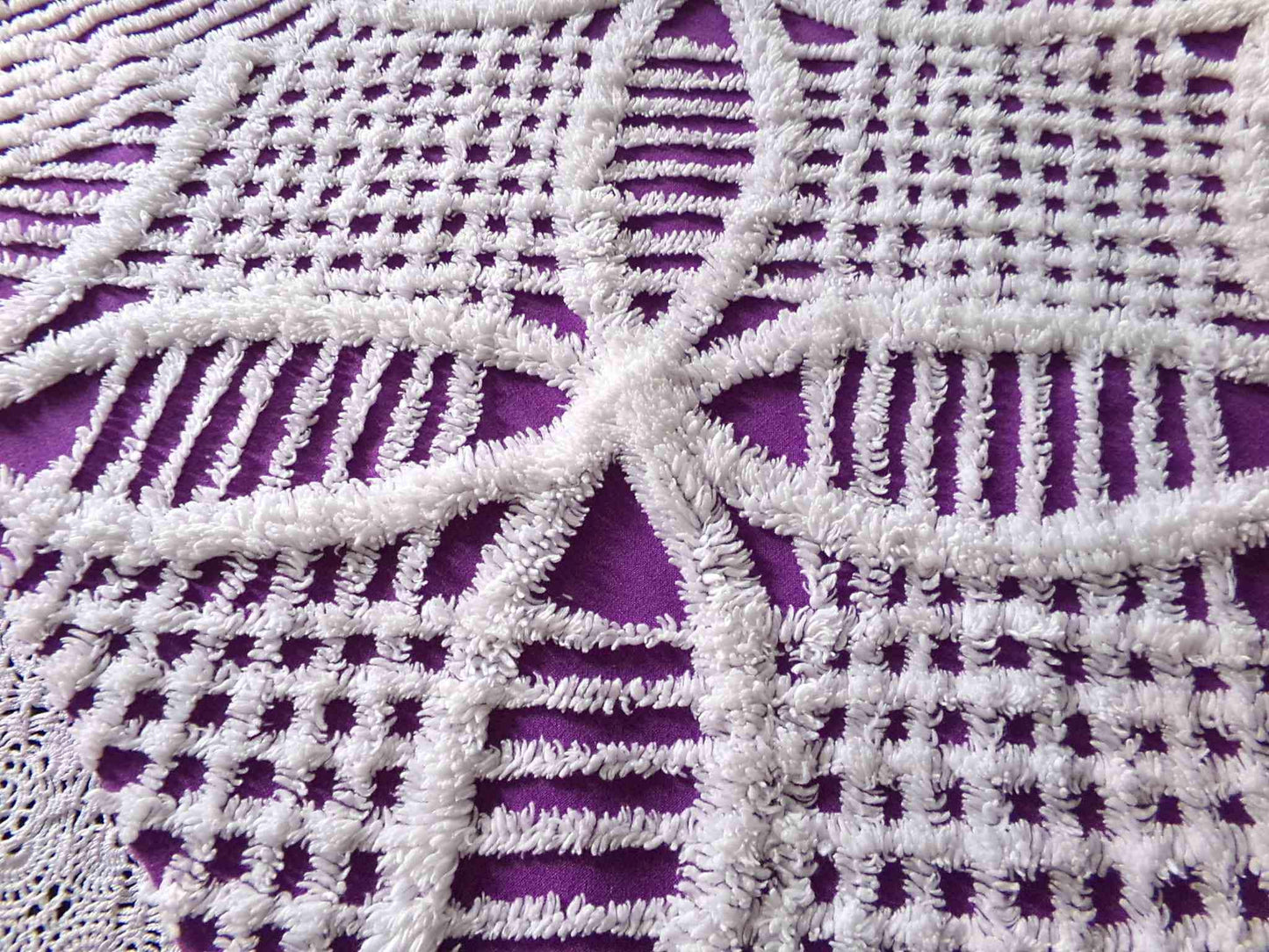 Vintage Chenille Fabric, 21" x 20" inch Piece, Snow White Geometric Design on Grape Purple